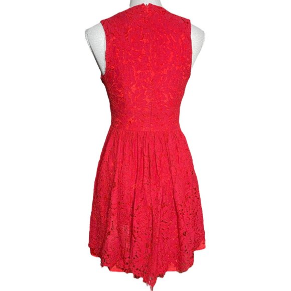 Lulus Lace Dress S Allover Surplice V-Neck A-Line Skater Eyelash Scalloped Red - Picture 3 of 13